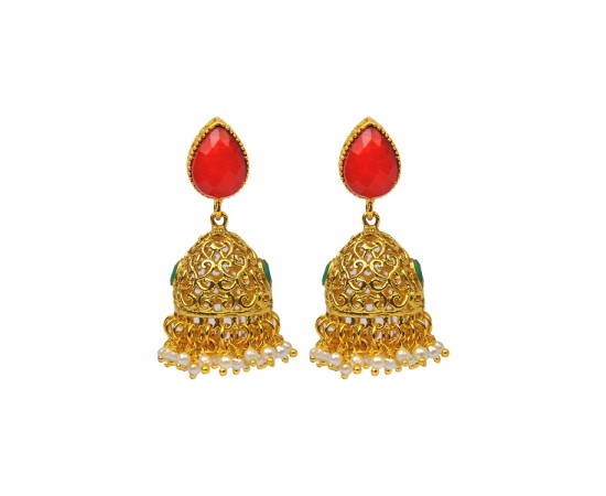 Golden Jhumka With Big Red Stone & White Pearls