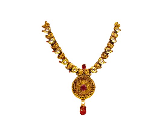 Gold Plated Round Necklace With Thilak Red Stone