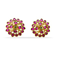 Gold Plated Flower Stud With Red Stones
