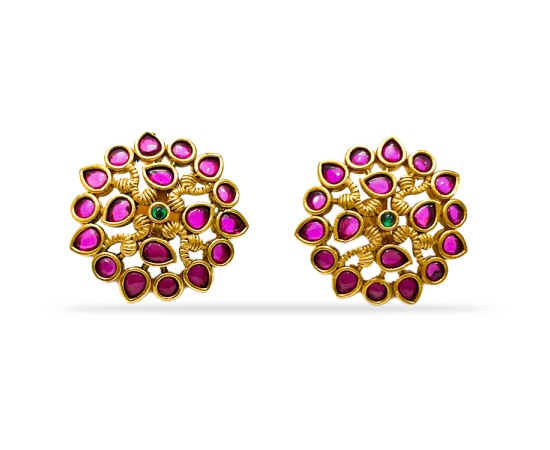 Gold Plated Flower Stud With Red Stones