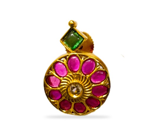 Gold Plated Stud With Green Diamond And Red Flower