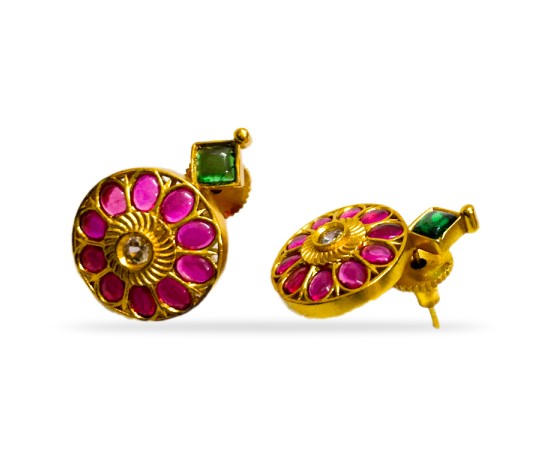 Gold Plated Stud With Green Diamond And Red Flower
