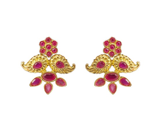 Gold plated stud double maanga design with pink stone