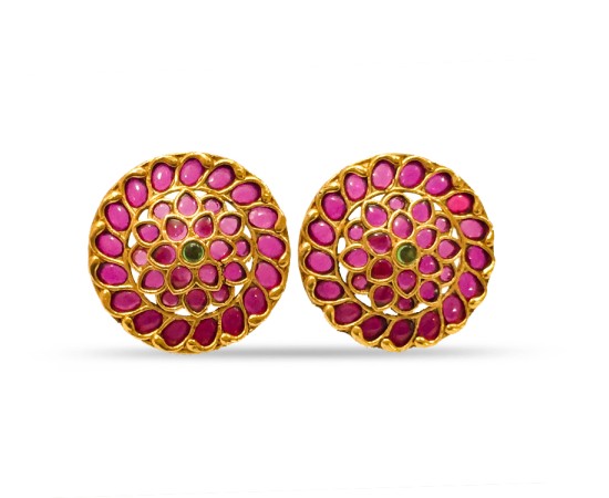 Gold Plated Round Stud With Red Stones