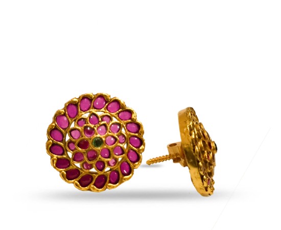 Gold Plated Round Stud With Red Stones