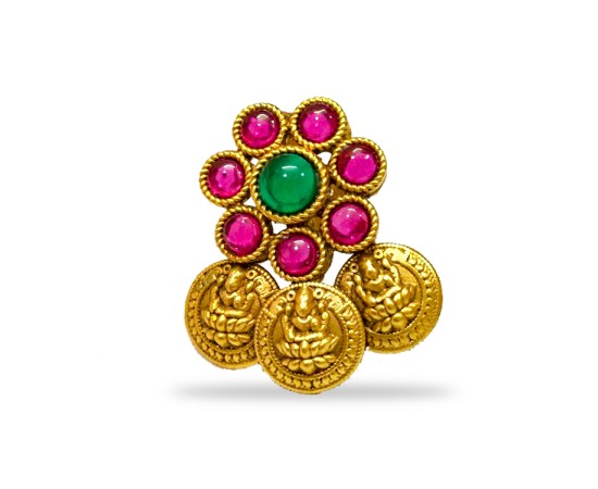 Gold Plated Stud With Pink Green Stone And Kaasu Design