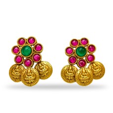 Gold Plated Stud With Pink Green Stone And Kaasu Design