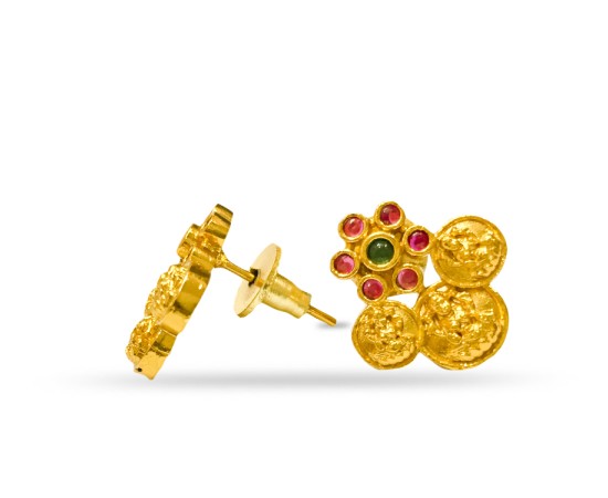 Gold Plated Stud With Green Pink Stone And Small Kaasu Design