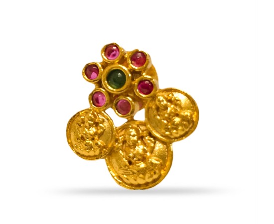 Gold Plated Stud With Green Pink Stone And Small Kaasu Design