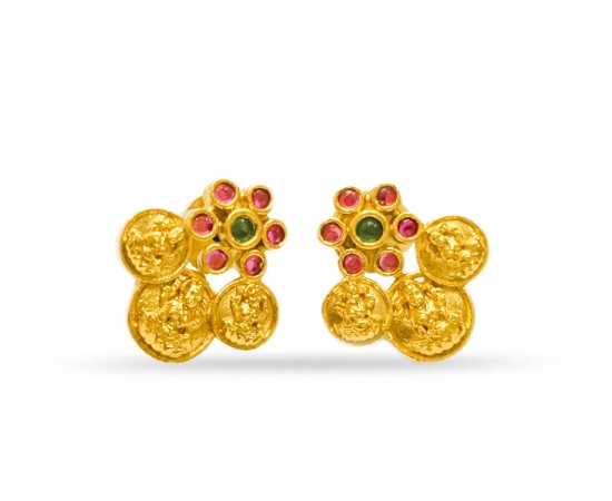Gold Plated Stud With Green Pink Stone And Small Kaasu Design