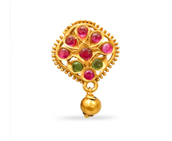 Gold Plated Stud With Green Pink Stone And Small Bead