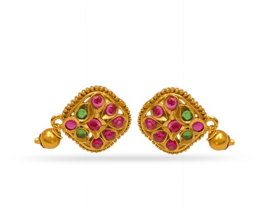 Gold Plated Stud With Green Pink Stone And Small Bead