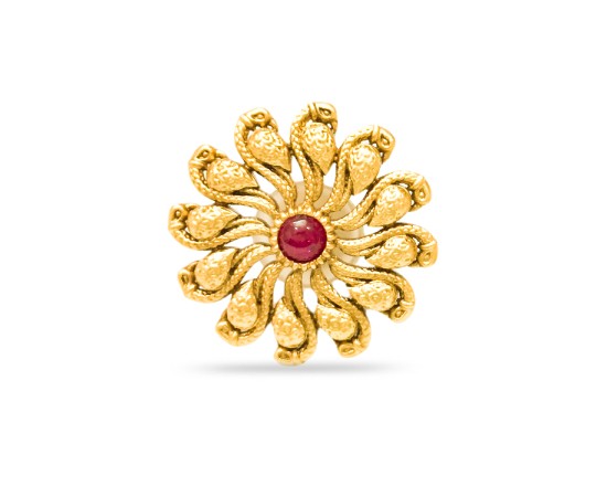 Gold Plated Studs With Red Stone And Flower Design