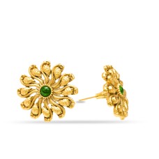 Gold Plated Studs With Green Stone And Flower Design