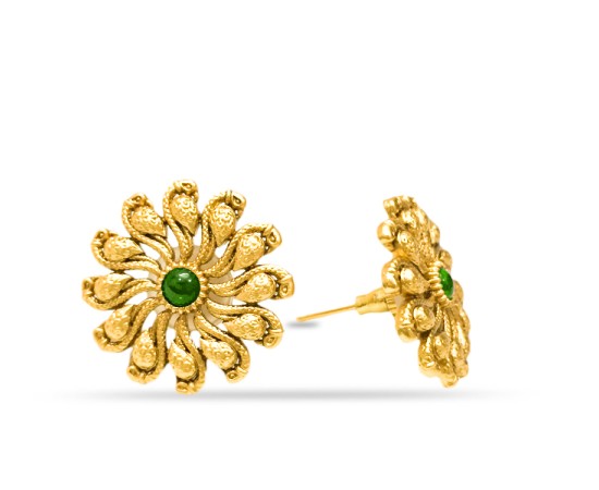 Gold Plated Studs With Green Stone And Flower Design